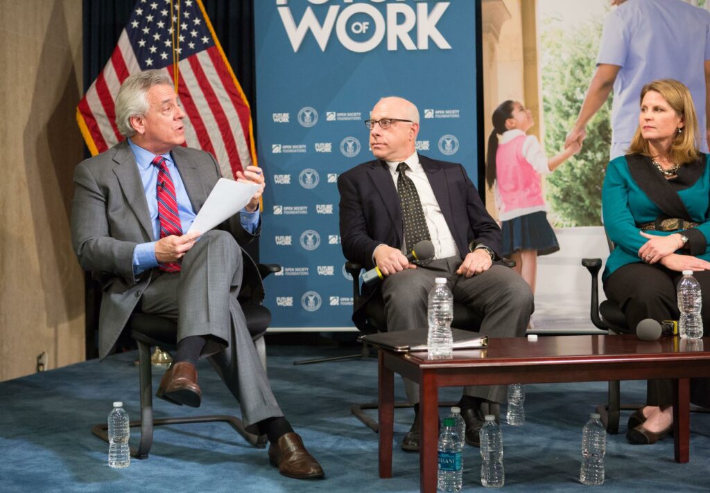 File:Eric Seleznow, DOL; Harry Holzer, Georgetown University and Liz Shuler, AFL-CIO, 2015.jpg - Ima