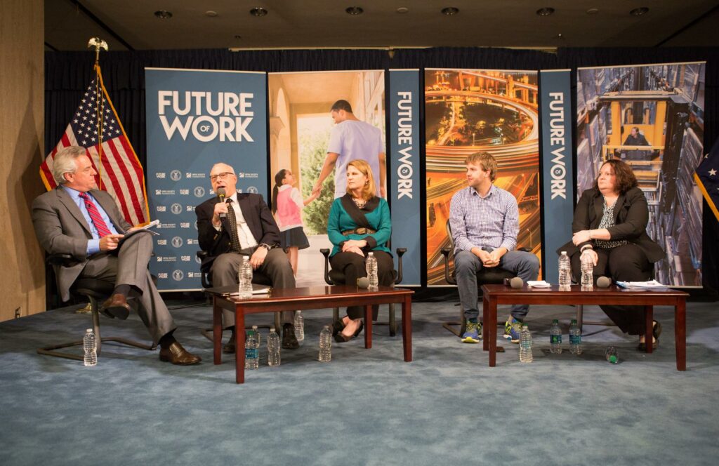 File:Eric Seleznow, Harry Holzer, Liz Shuler, Brendan Lind, and Maria Flynn, 2015.jpg - Image of how